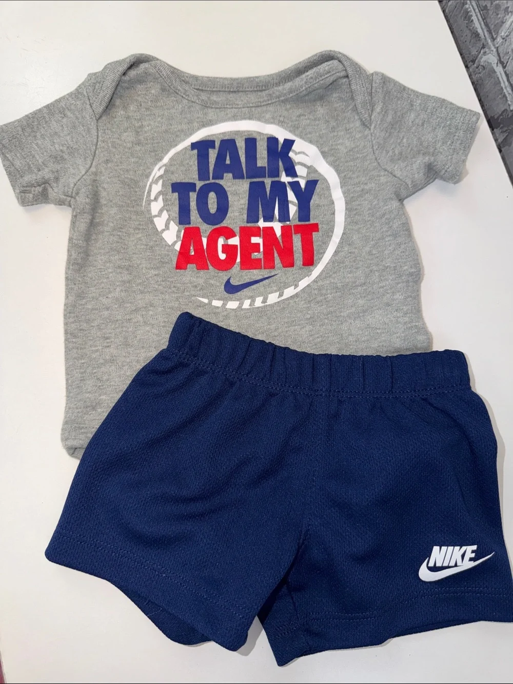 Baby Boy's Nike Gray Tee with Red & Blue Graphic + Navy Shorts - Picture 1 of 7